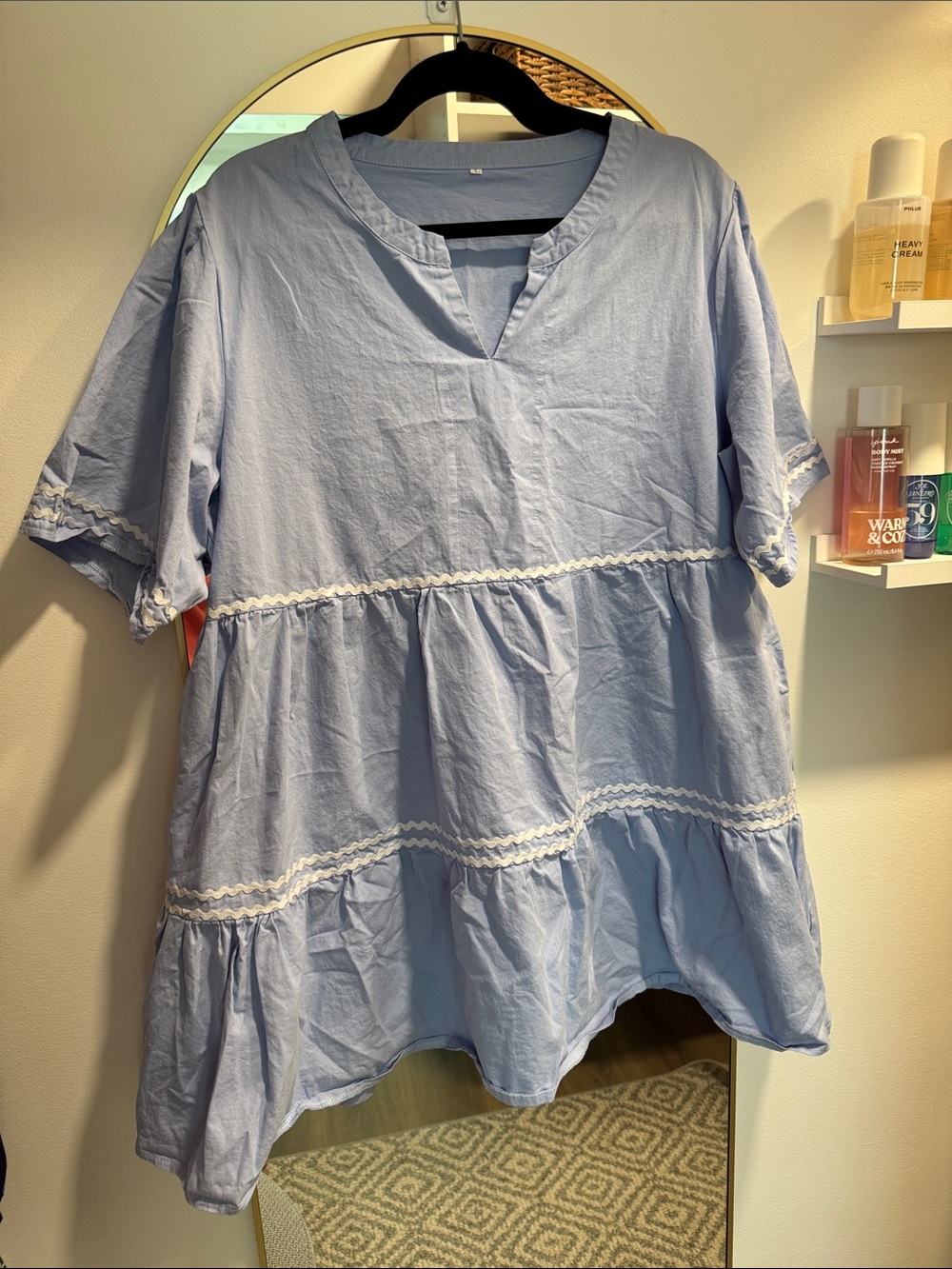 Women’s Light Blue Women's Tiered V-Neck Cotton Mini Dress with Pockets Large